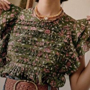 Sezane Melia Floral Khaki Ruffled Blouse